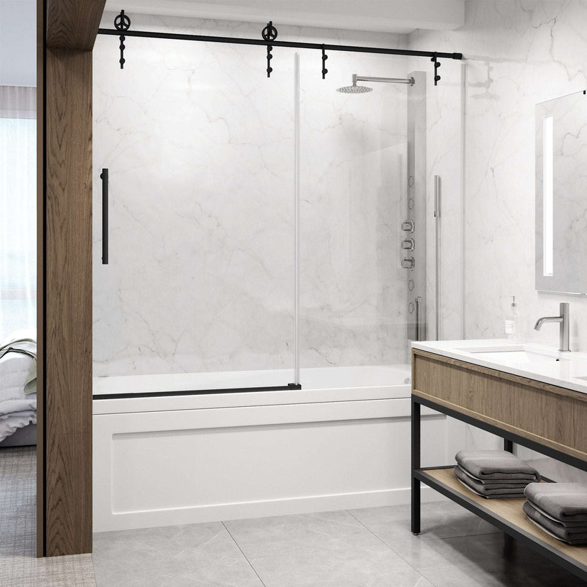Frameless shower door with matte black bar handle, clear glass, reversible installation, alcove mount