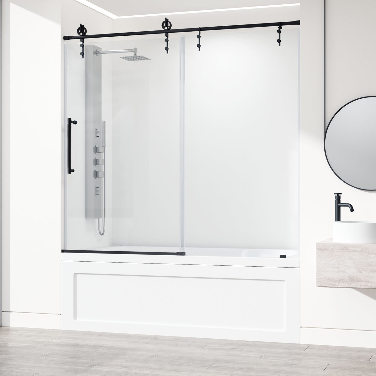 Hamilton Aerodynamic Frameless Sliding Bath Tub Door 56-60 in. Wide and 68 in. High – Matte Brushed Gold with Clear Tempered Glass