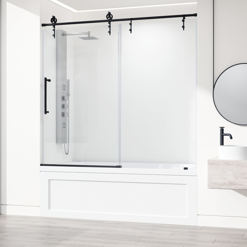 Hamilton Aerodynamic Frameless Sliding Bath Tub Door 56-60 in. Wide and 68 in. High – Matte Brushed Gold with Clear Tempered Glass
