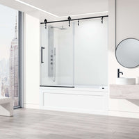 Matte black handle bar on frameless shower door, tempered clear glass, alcove installation, 68 in. height