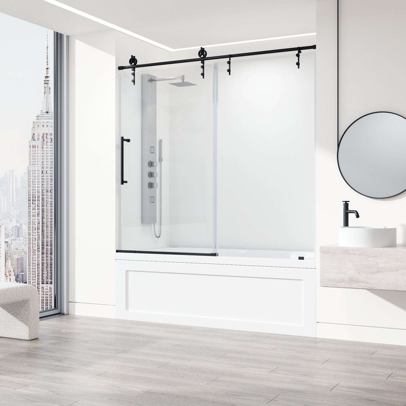 Matte black handle bar on frameless shower door, tempered clear glass, alcove installation, 68 in. height