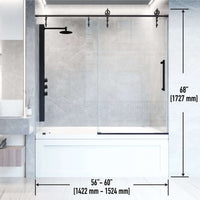 Reversible sliding tub door with matte black finish, clear tempered glass, modern contemporary style