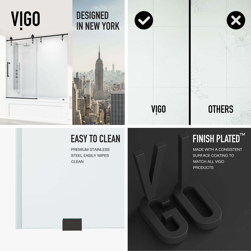 Adjustable frameless shower door, matte black hardware, clear glass, fits 56-60 in. openings