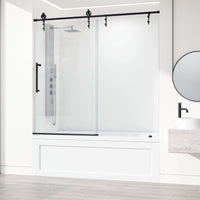 Frameless tub door with matte black bar handle, tempered glass, includes door and mounting hardware
