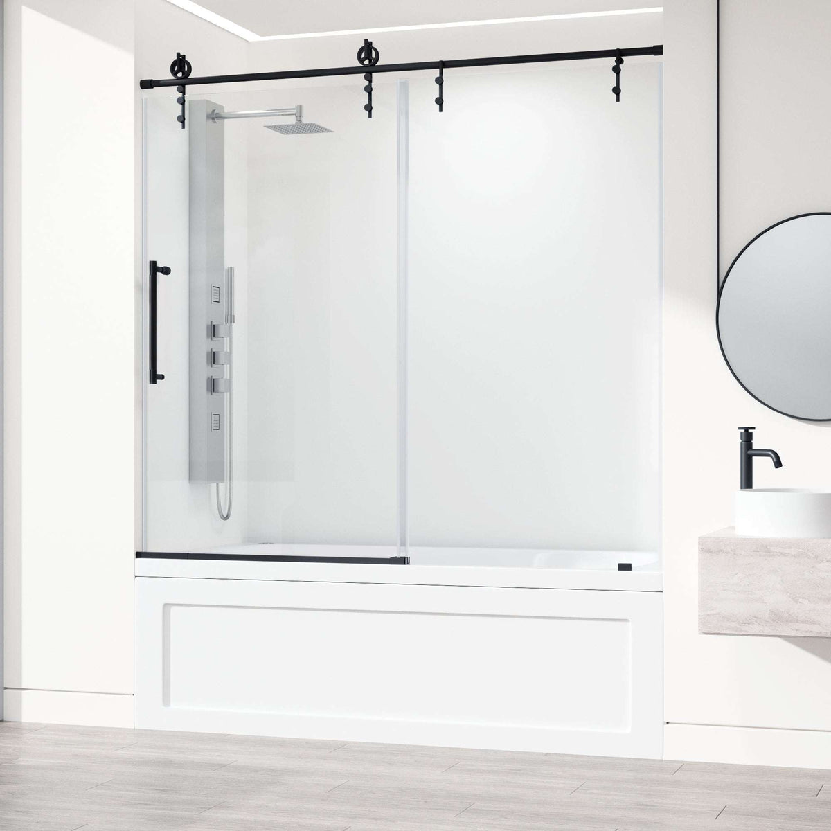 Frameless tub door with matte black bar handle, tempered glass, includes door and mounting hardware