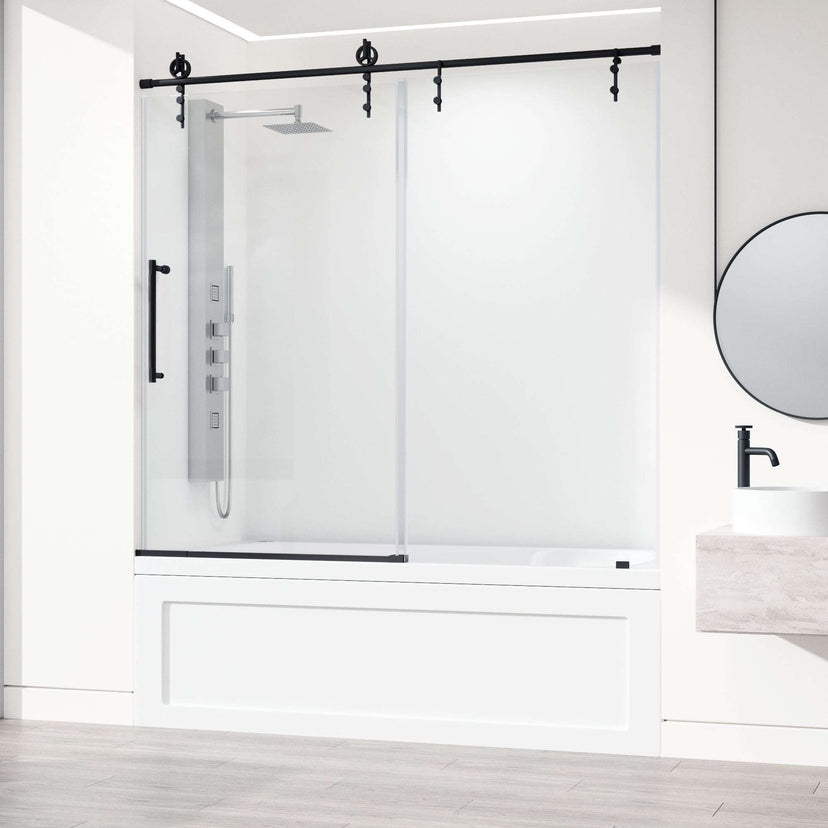 Frameless tub door with matte black bar handle, tempered glass, includes door and mounting hardware