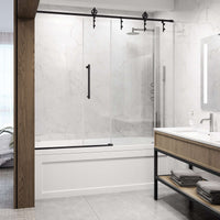 Matte black finish sliding shower door, clear glass, adjustable width, modern design, alcove mount