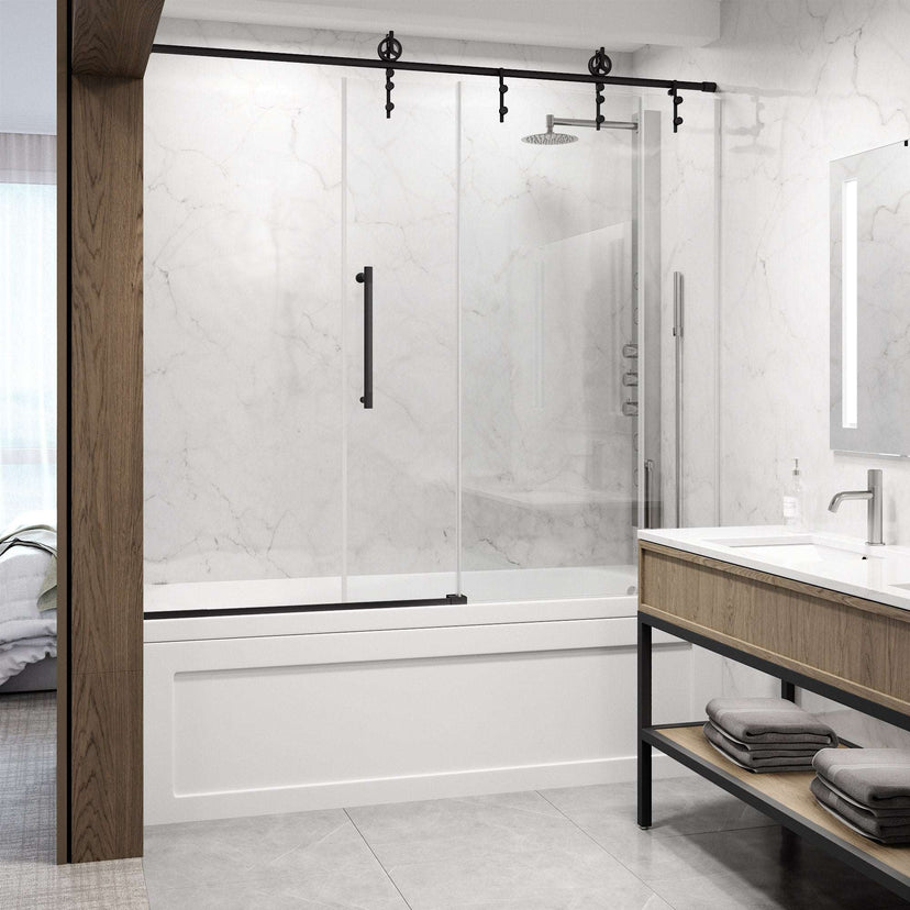Matte black finish sliding shower door, clear glass, adjustable width, modern design, alcove mount
