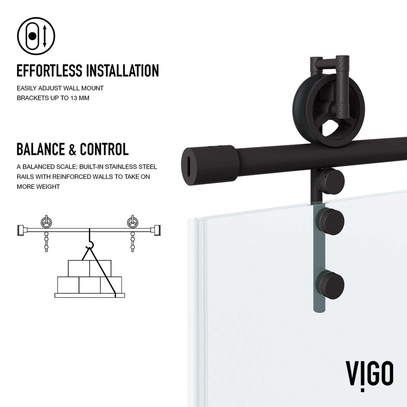 Clear tempered glass sliding door with matte black hardware, adjustable 56-60 in., frameless design
