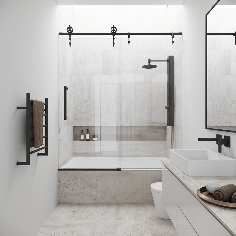 Hamilton Aerodynamic Frameless Sliding Bath Tub Door 56-60 in. Wide and 68 in. High – Matte Brushed Gold with Clear Tempered Glass