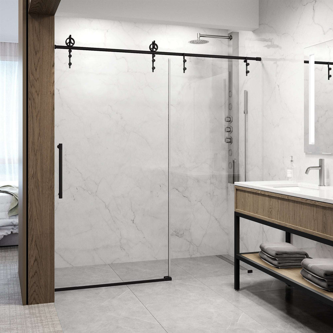Matte black frameless sliding shower door, clear tempered glass, adjustable 56-60 in.