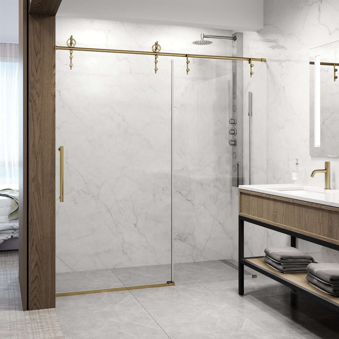 Matte brushed gold frameless sliding shower door, clear tempered glass, adjustable 56-60 in.
