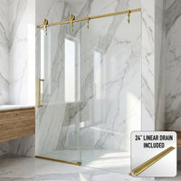 Hamilton Aerodynamic Frameless Sliding Shower Door in Matte Brushed Gold with Clear Glass and Elan 24 in. Linear Shower Drain