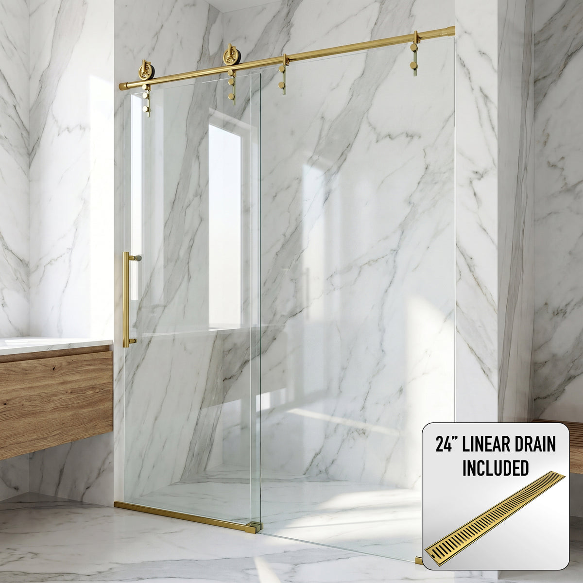 Hamilton Aerodynamic Frameless Sliding Shower Door in Matte Brushed Gold with Clear Glass and Elan 24 in. Linear Shower Drain