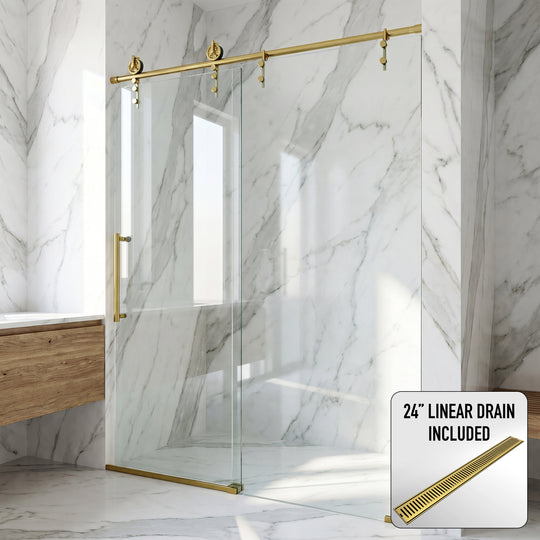Hamilton Aerodynamic Frameless Sliding Shower Door in Matte Brushed Gold with Clear Glass and Elan 24 in. Linear Shower Drain