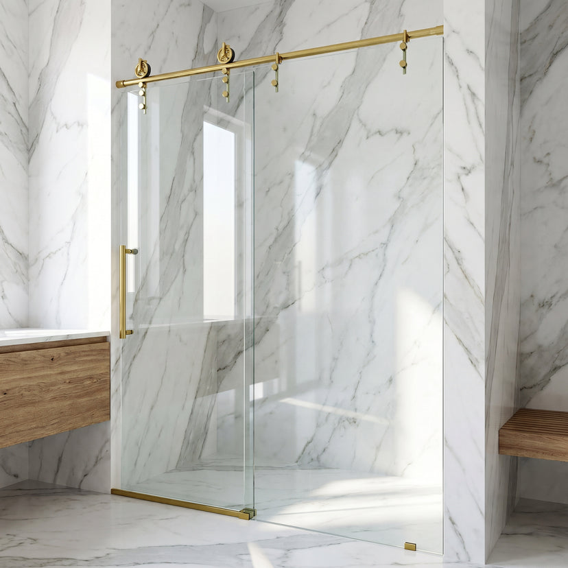 Hamilton Aerodynamic Frameless Sliding Shower Door in Matte Brushed Gold with Clear Glass and Elan 24 in. Linear Shower Drain
