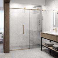 Hamilton Aerodynamic Frameless Sliding Shower Door in Matte Brushed Gold with Clear Glass and Elan 24 in. Linear Shower Drain