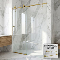 Hamilton Aerodynamic 56 to 60 in. W x 78 in. H Frameless Sliding Shower Door and Satro 3-Piece Bath Hardware Set in Matte Brushed Gold