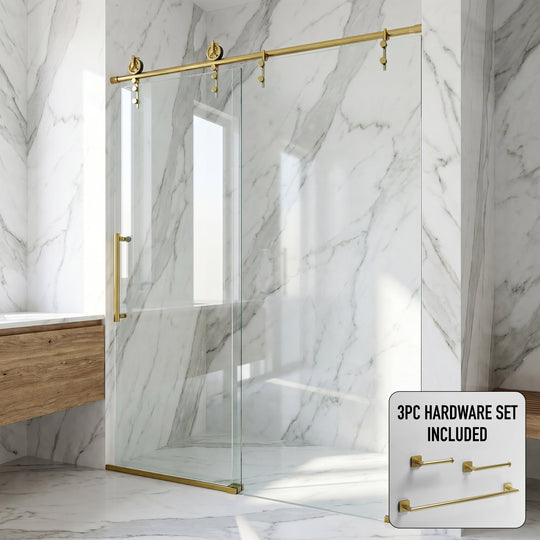 Hamilton Aerodynamic 56 to 60 in. W x 78 in. H Frameless Sliding Shower Door and Satro 3-Piece Bath Hardware Set in Matte Brushed Gold