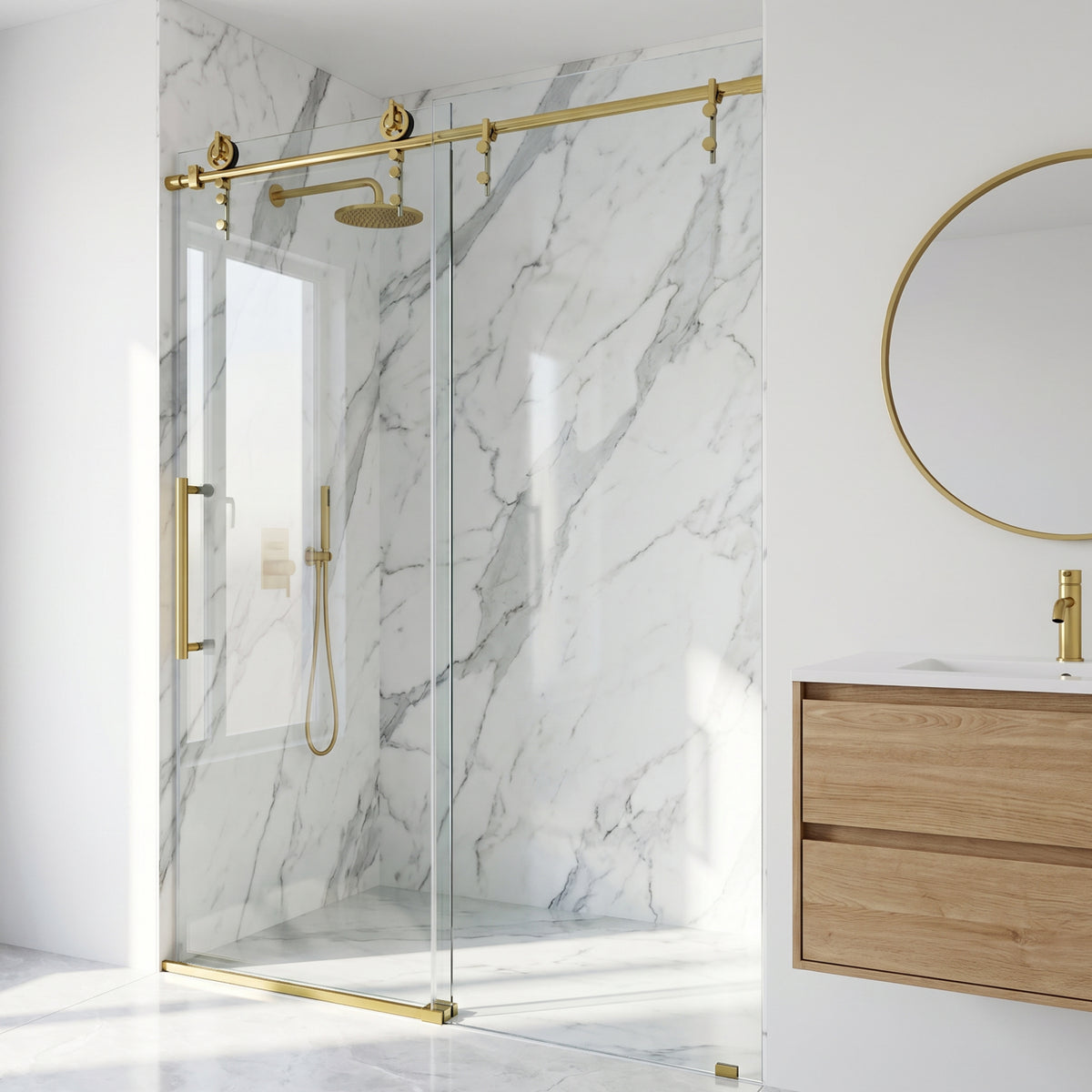 Hamilton Aerodynamic 56 to 60 in. W x 78 in. H Frameless Sliding Shower Door and Satro 3-Piece Bath Hardware Set in Matte Brushed Gold