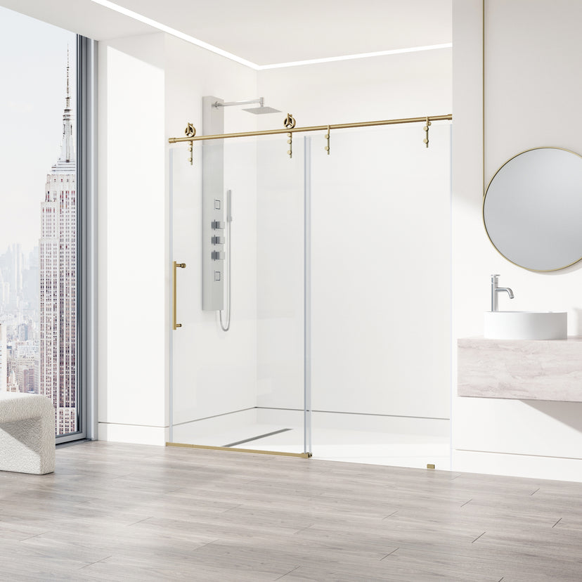 Hamilton Aerodynamic 56 to 60 in. W x 78 in. H Frameless Sliding Shower Door and Satro 3-Piece Bath Hardware Set in Matte Brushed Gold