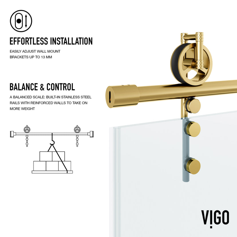Hamilton Aerodynamic 56 to 60 in. W x 78 in. H Frameless Sliding Shower Door and Satro 3-Piece Bath Hardware Set in Matte Brushed Gold