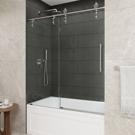 Hamilton Aerodynamic Frameless Sliding Bath Tub Door 56-60 in. Wide and 68 in. High – Matte Brushed Gold with Clear Tempered Glass