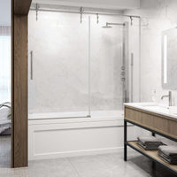 Modern sliding tub door with stainless steel hardware, tempered glass, adjustable width 56 to 60 inches
