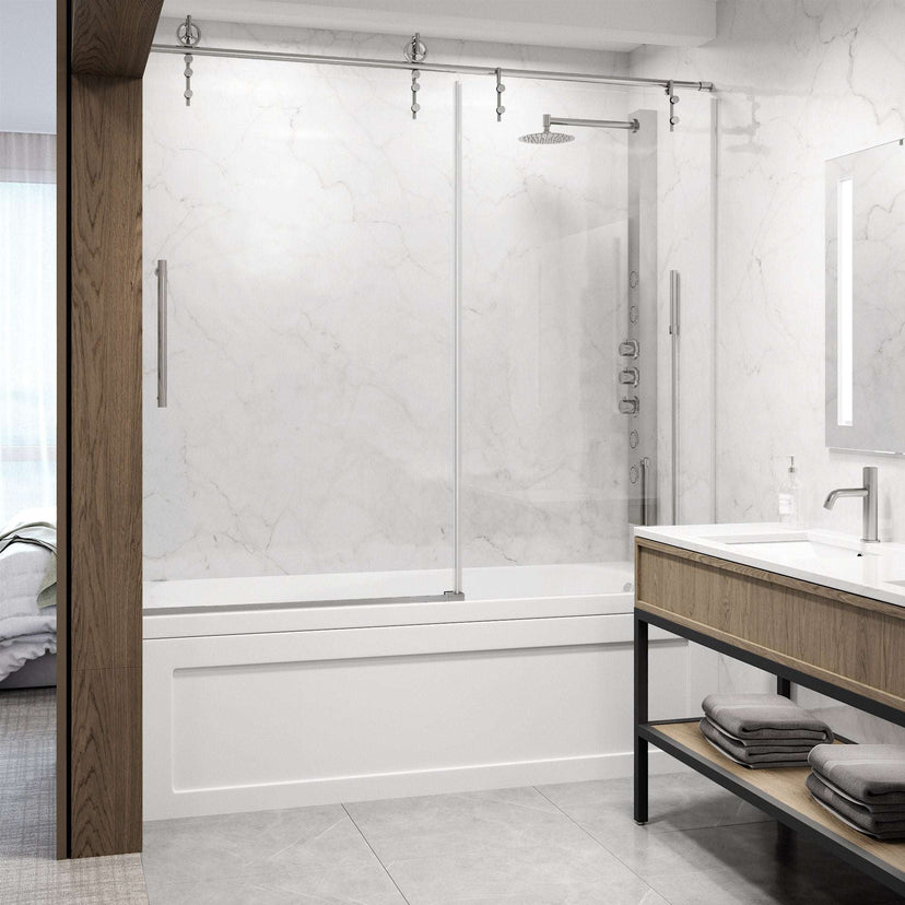 Modern sliding tub door with stainless steel hardware, tempered glass, adjustable width 56 to 60 inches