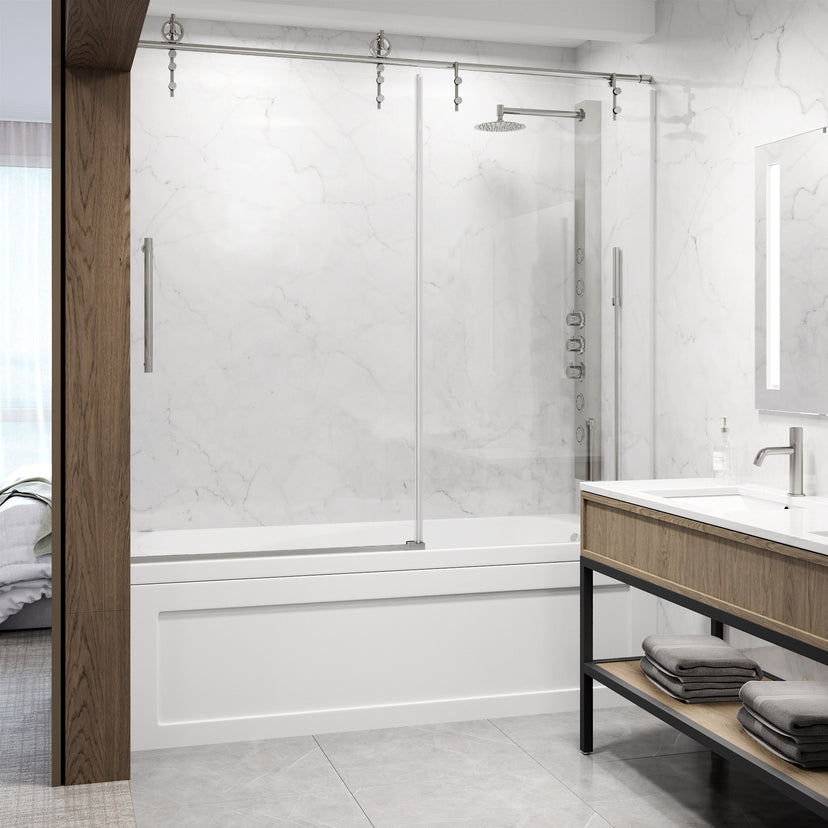 Hamilton Aerodynamic Frameless Sliding Bath Tub Door 56-60 in. Wide and 68 in. High – Matte Brushed Gold with Clear Tempered Glass