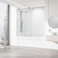 Hamilton Aerodynamic Frameless Sliding Bath Tub Door 56-60 in. Wide and 68 in. High – Matte Brushed Gold with Clear Tempered Glass