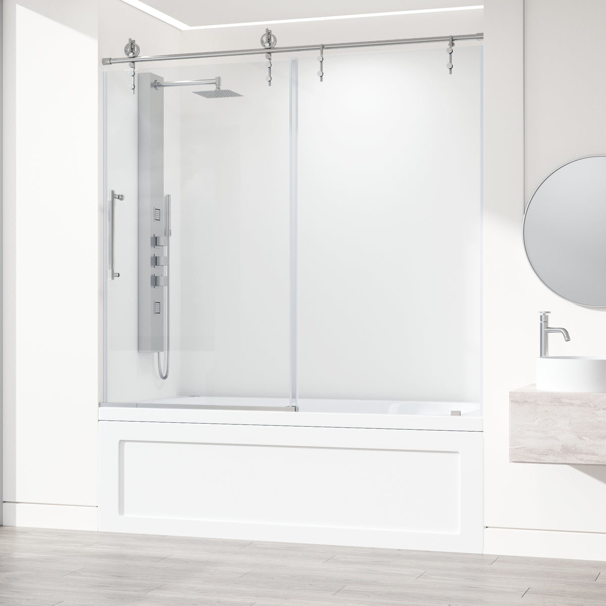 Hamilton Aerodynamic Frameless Sliding Bath Tub Door 56-60 in. Wide and 68 in. High – Matte Brushed Gold with Clear Tempered Glass