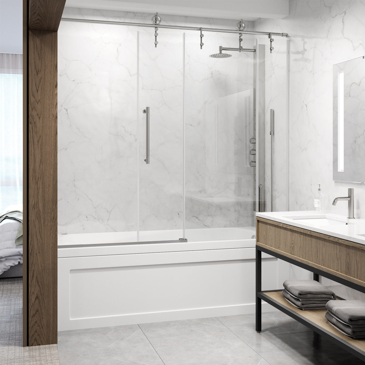 Hamilton Aerodynamic Frameless Sliding Bath Tub Door 56-60 in. Wide and 68 in. High – Matte Brushed Gold with Clear Tempered Glass