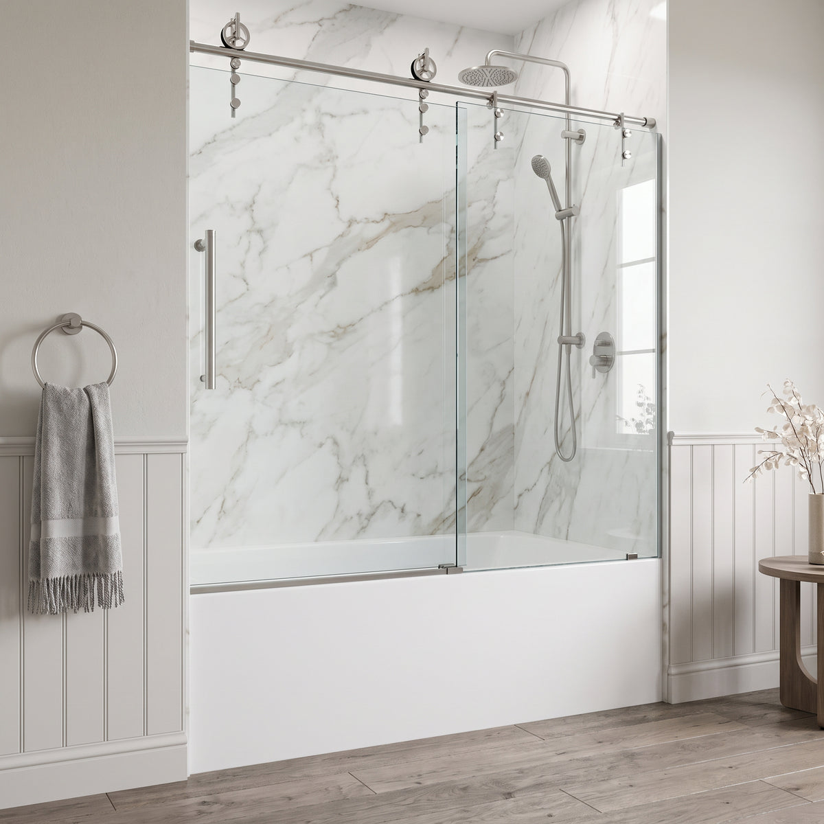 Hamilton Aerodynamic Frameless Sliding Bath Tub Door 56-60 in. Wide and 68 in. High – Matte Brushed Gold with Clear Tempered Glass