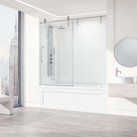 Reversible sliding tub door with stainless steel finish, clear tempered glass, modern contemporary style