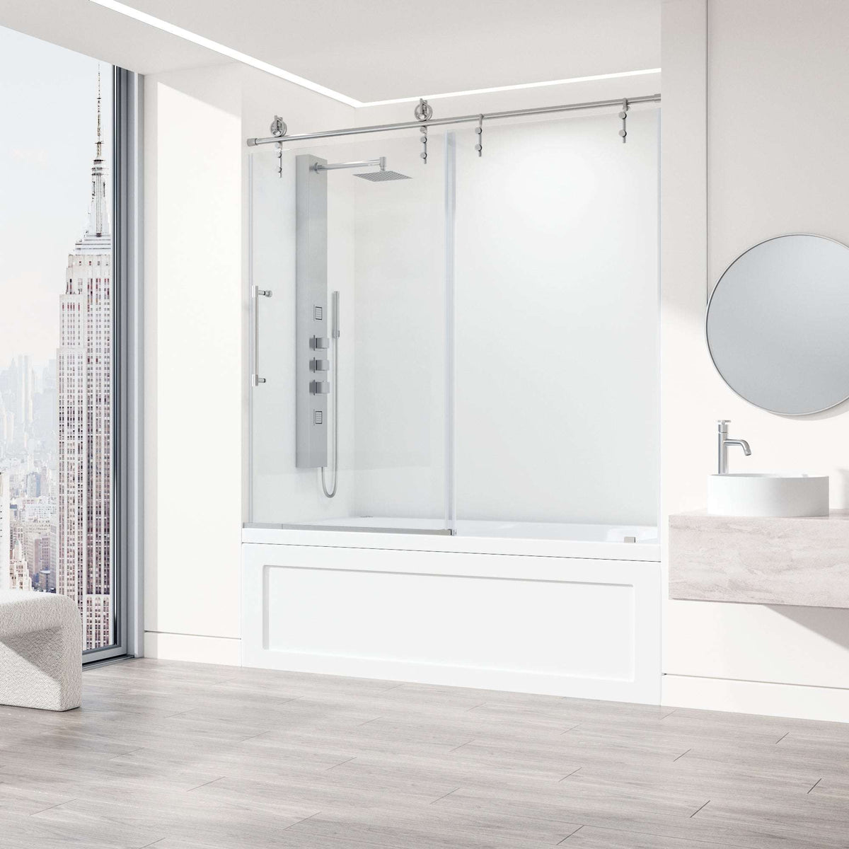 Reversible sliding tub door with stainless steel finish, clear tempered glass, modern contemporary style
