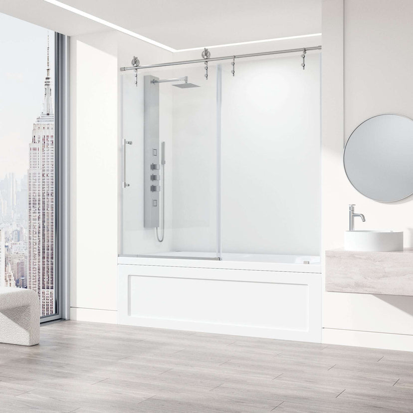 Reversible sliding tub door with stainless steel finish, clear tempered glass, modern contemporary style