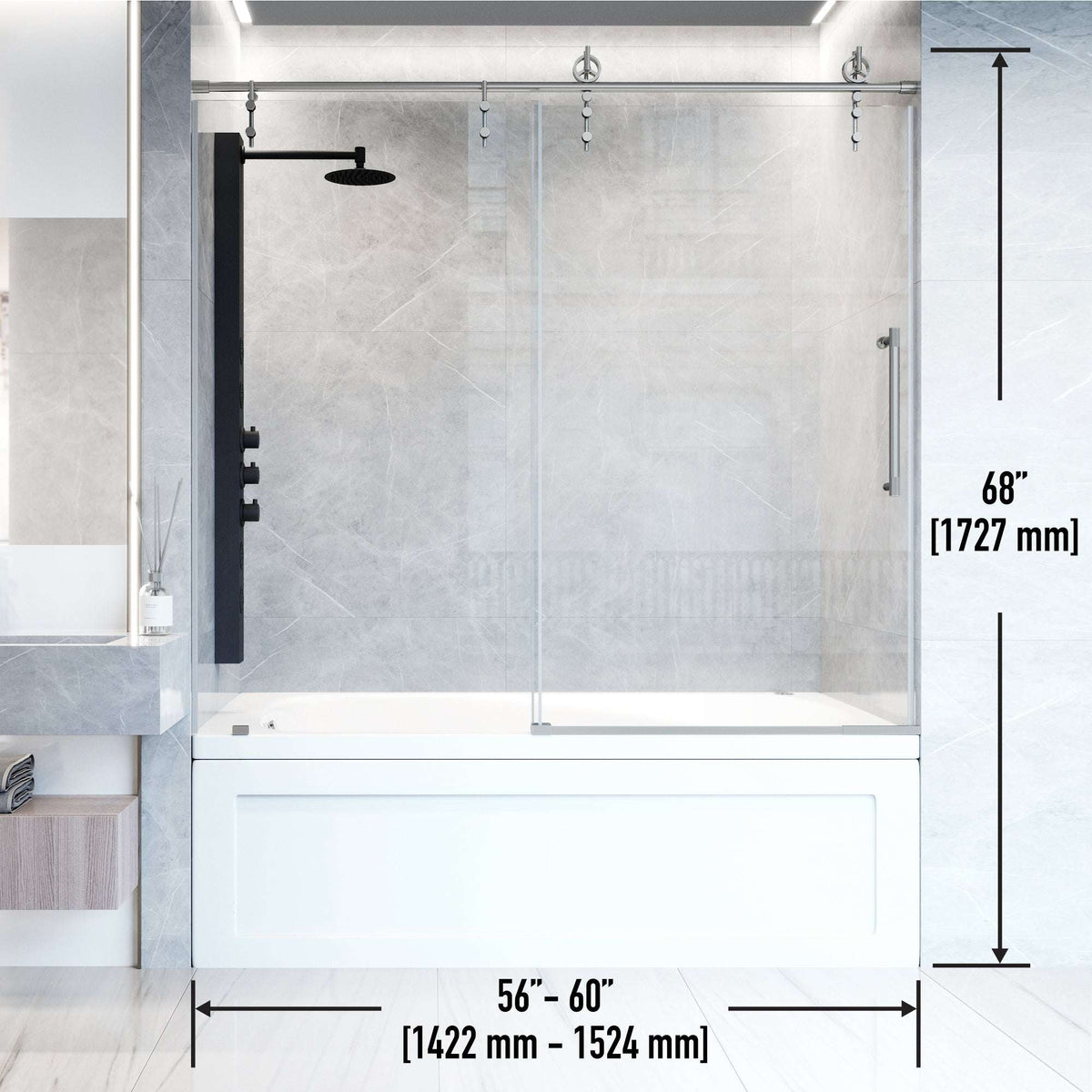 Adjustable frameless shower door, stainless steel hardware, clear glass, fits 56-60 in. openings