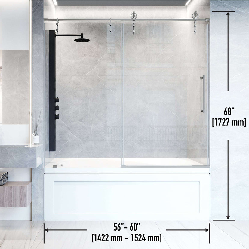 Adjustable frameless shower door, stainless steel hardware, clear glass, fits 56-60 in. openings