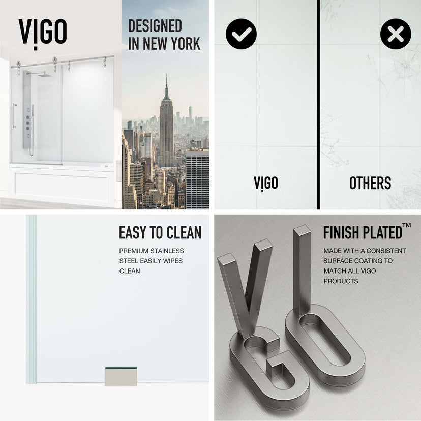 Frameless tub door with stainless steel bar handle, tempered glass, includes door and mounting hardware