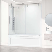 Stainless steel finish sliding shower door, clear glass, adjustable width, modern design, alcove mount