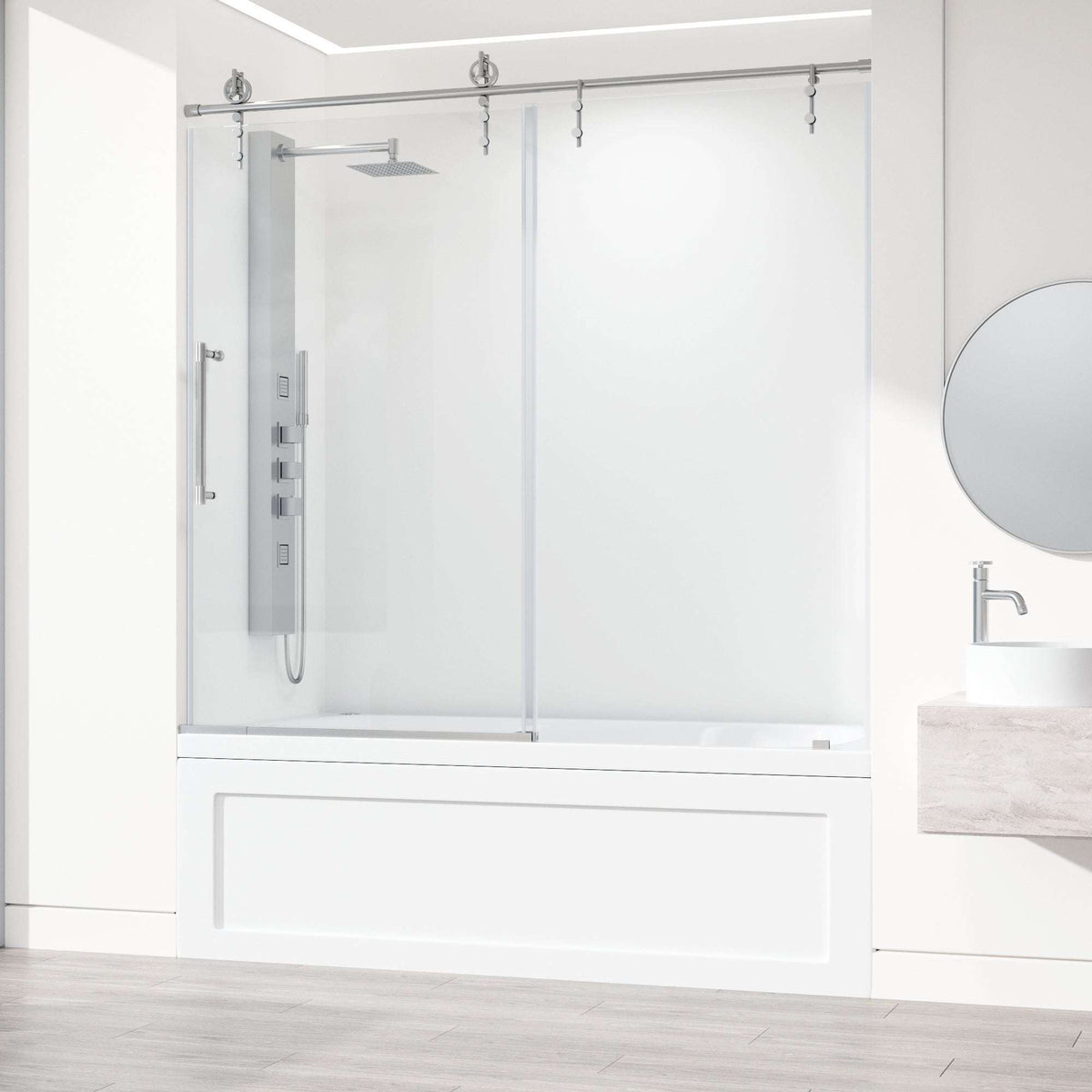 Stainless steel finish sliding shower door, clear glass, adjustable width, modern design, alcove mount