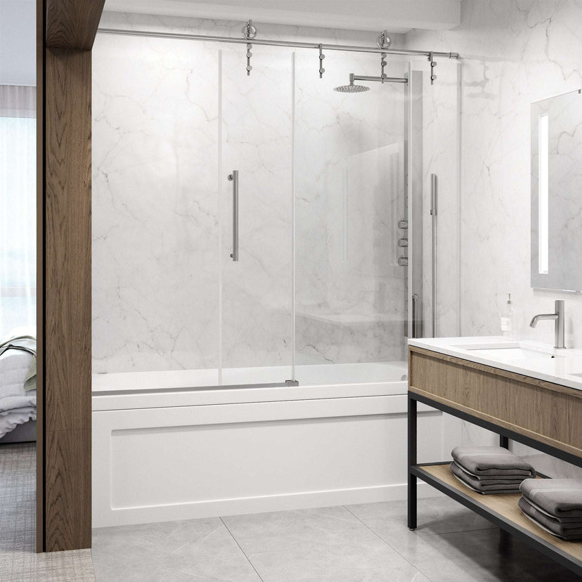 Modern frameless tub door with stainless steel handle, clear tempered glass, reversible door installation
