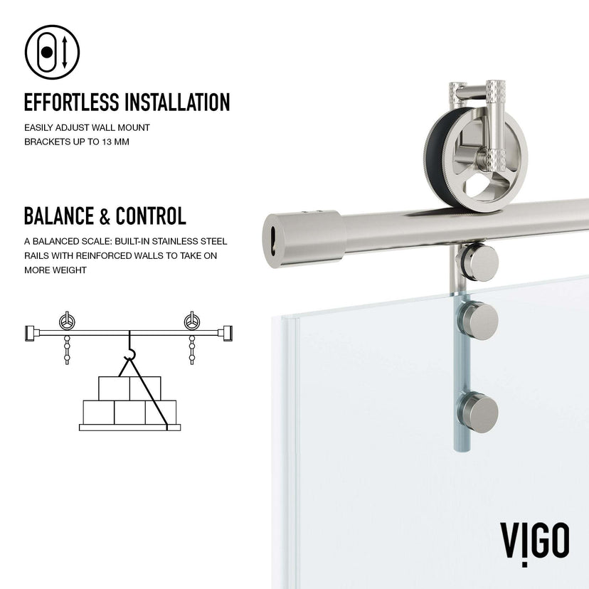Alcove-mounted frameless tub door, stainless steel finish, sliding door, 68 in. assembled height