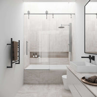 Stainless steel finish frameless sliding tub door with clear tempered glass, modern design, adjustable 56-60 in.