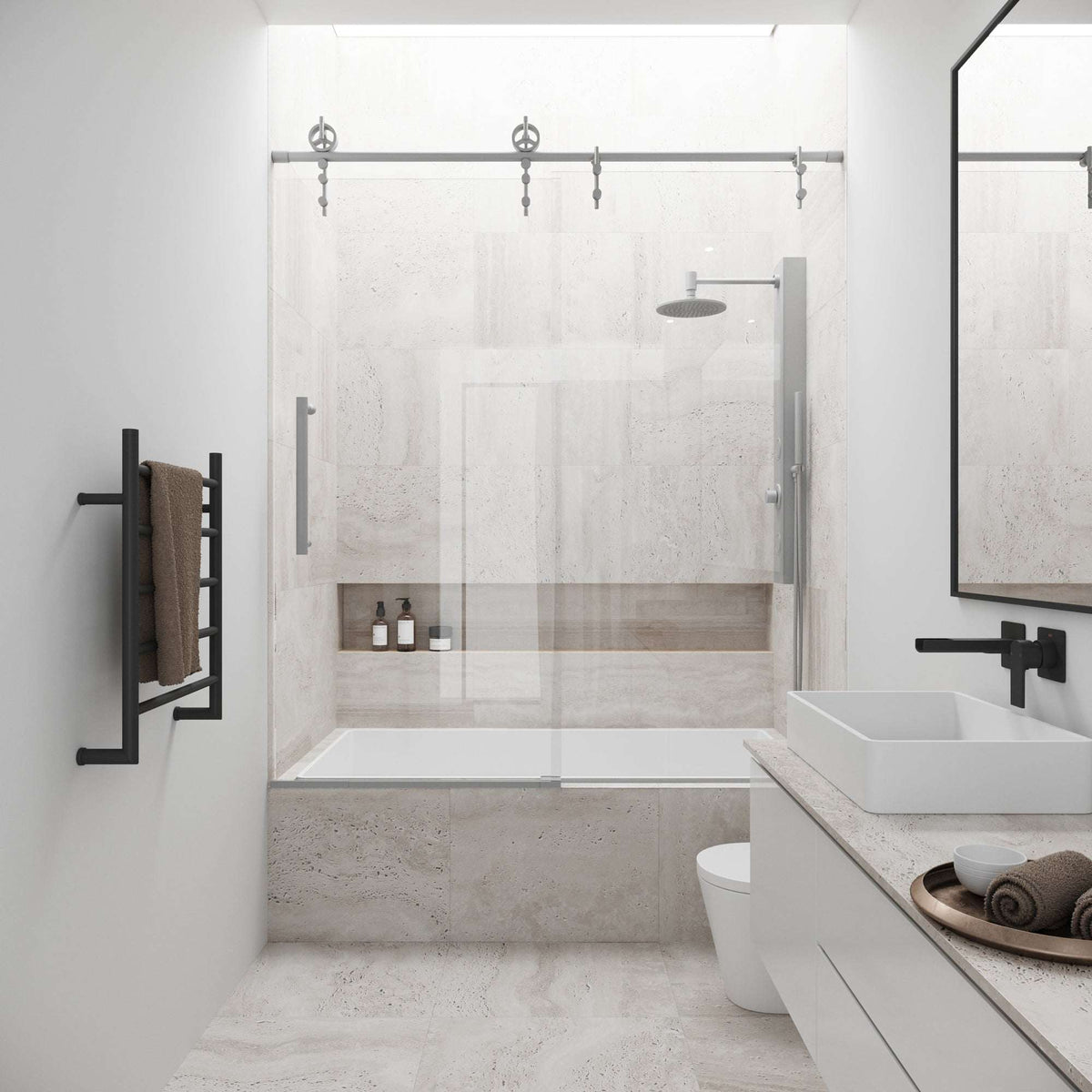 Frameless shower door with stainless steel bar handle, clear glass, reversible installation, alcove mount