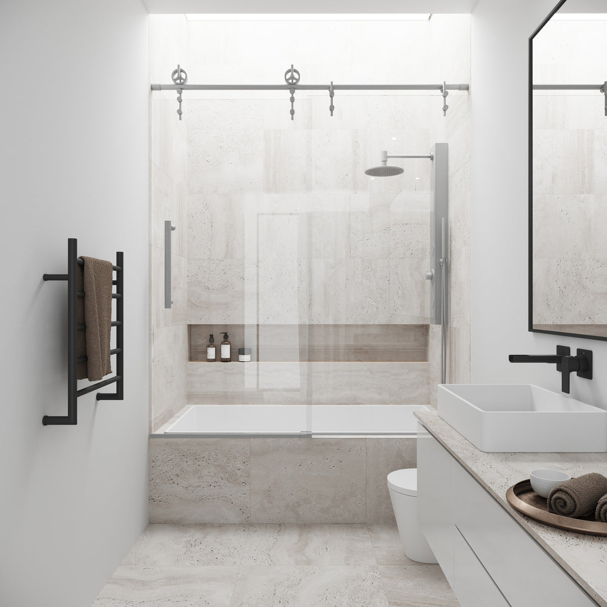 Hamilton Aerodynamic Frameless Sliding Bath Tub Door 56-60 in. Wide and 68 in. High – Matte Brushed Gold with Clear Tempered Glass