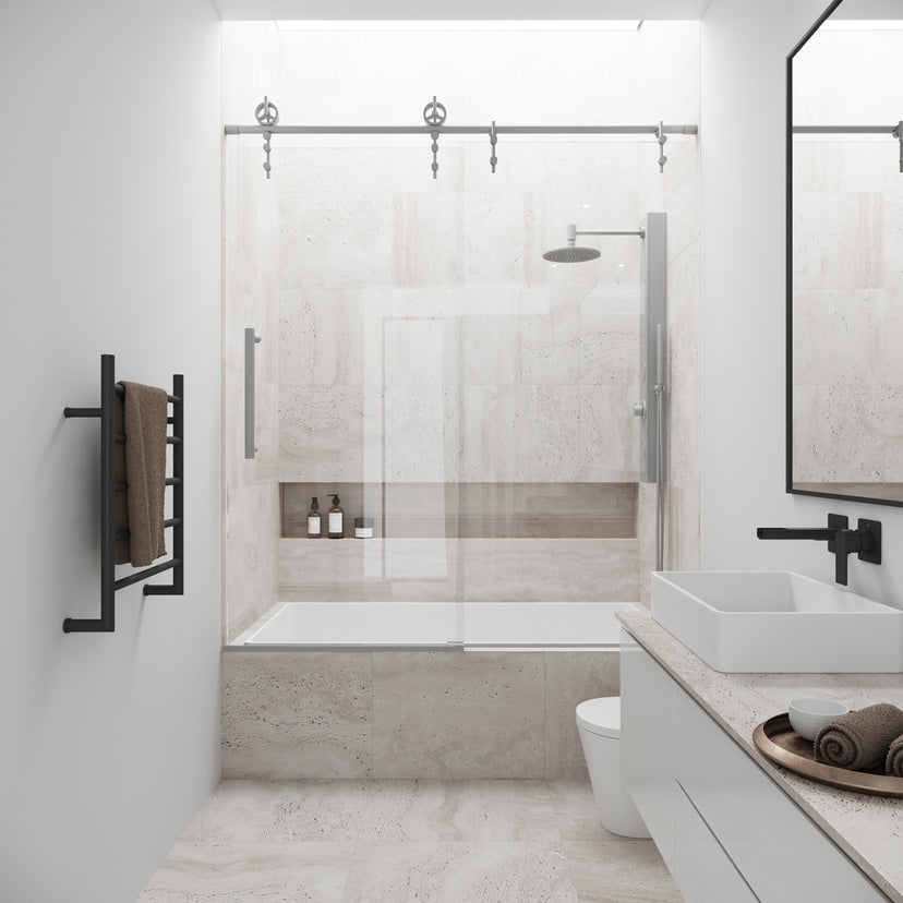 Hamilton Aerodynamic Frameless Sliding Bath Tub Door 56-60 in. Wide and 68 in. High – Matte Brushed Gold with Clear Tempered Glass