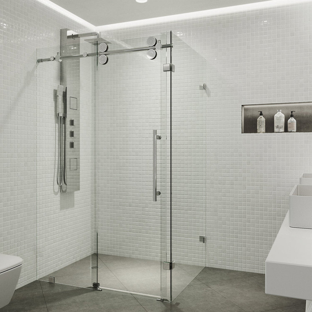 Modern shower enclosure with exposed rollers and cool touch exterior
