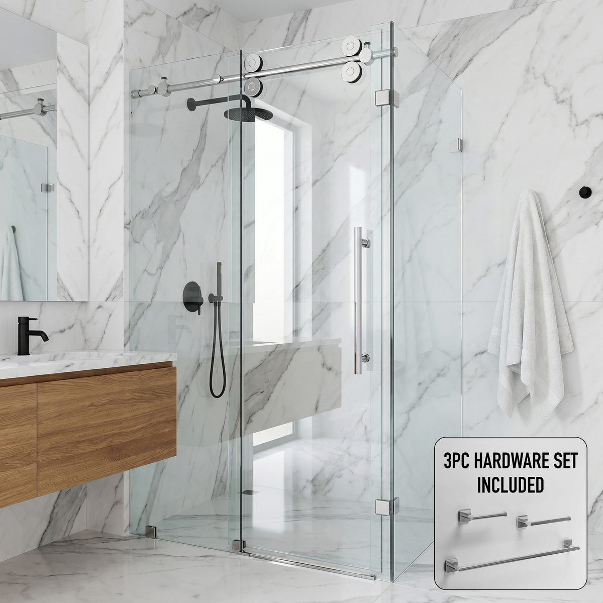 Winslow 34 in. L x 46 in. W x 74 in. H Frameless Sliding Rectangle Shower Enclosure and Satro 3-Piece Bath Hardware Set in Chrome